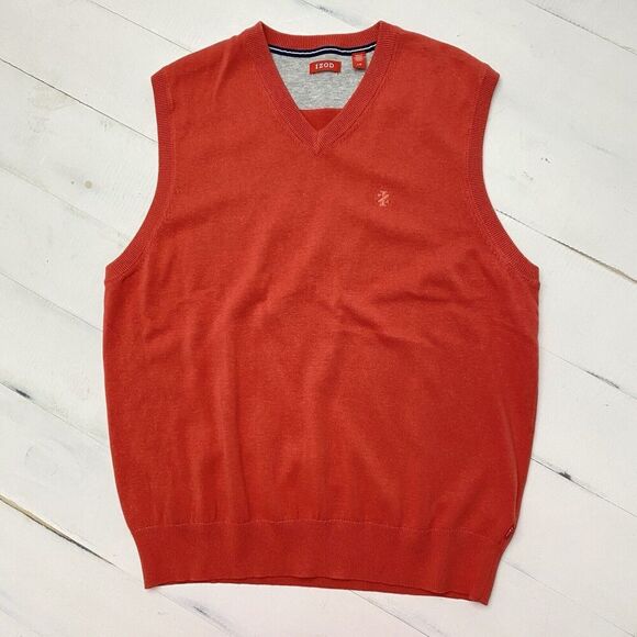 Lot of 2 V Neck IZOD Red Orange & WH Belk Blue Cotton Sweater Vests Men's Size L - Picture 2 of 16